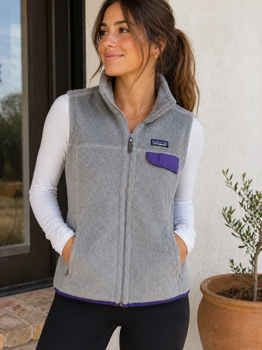 Patagonia Women’s Gray Fleece Vest with Purple Trim